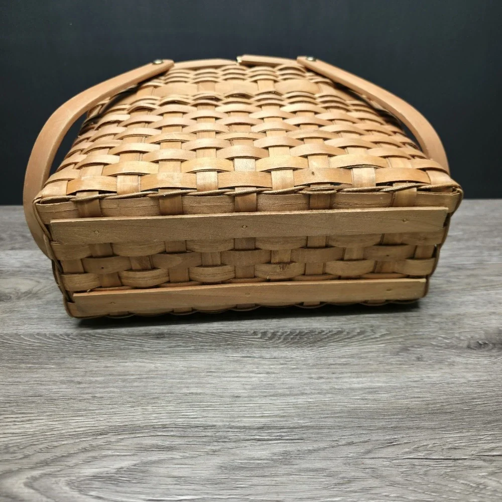 Vintage Double Handled Light Brown Wooden Basket 13x6x9 Rustic Home Decor